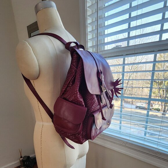 Woven Leather Backpack in Burgundy - Picture 4 of 15